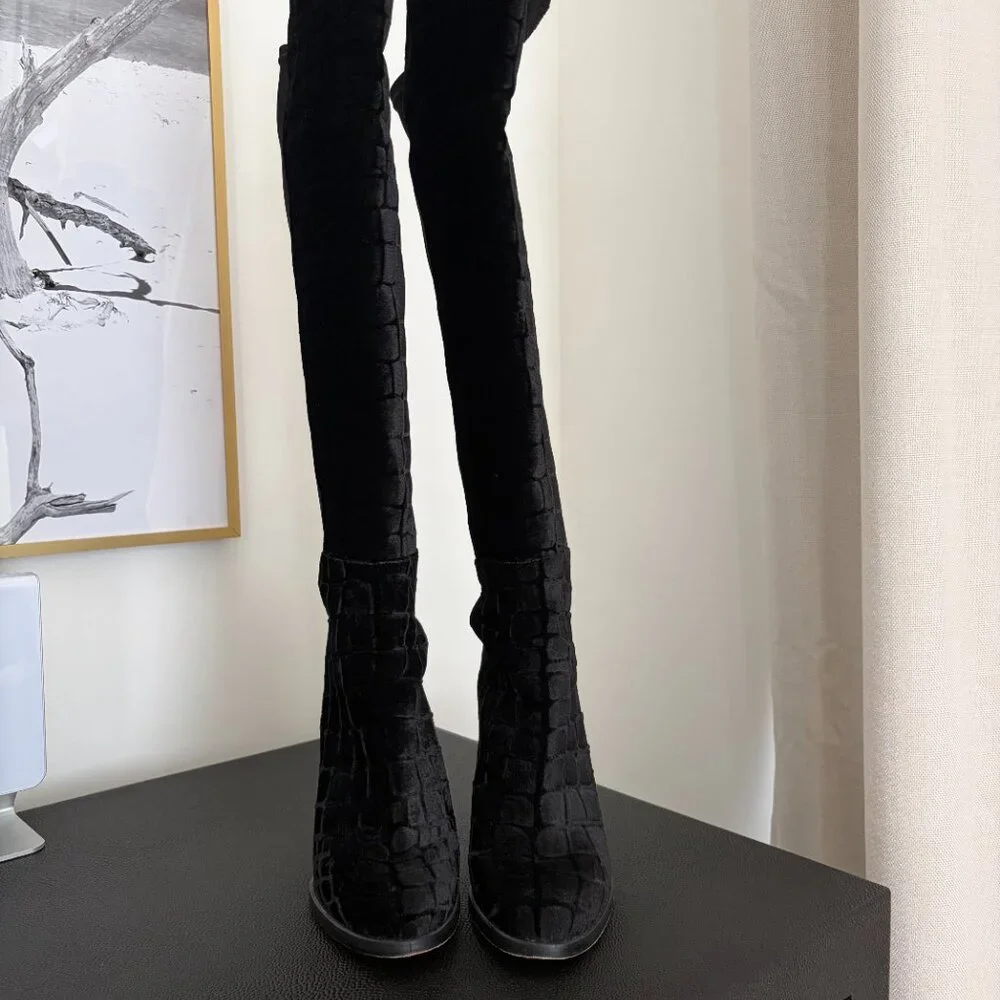 Stuart Weitzman Croc-Embossed Stretch Knee-High Suede Boots in Black Size 8 US